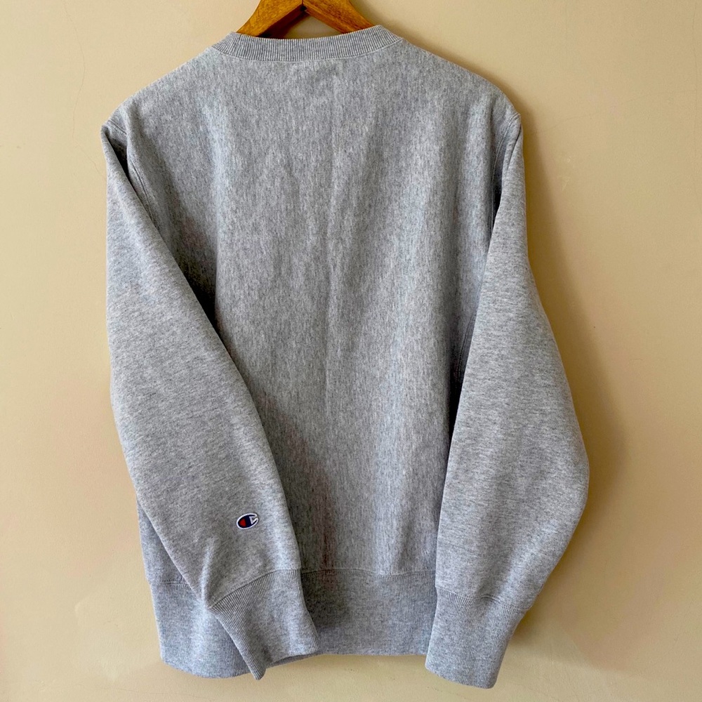 Gray crew neck Champion sweater.